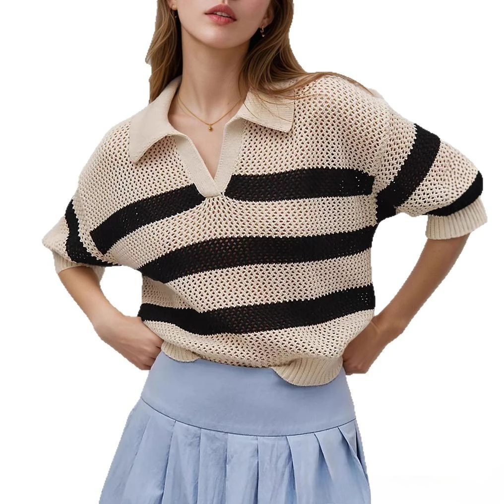 Лето 2025 г., вязаный свитер, повседневный полосатый женский вязаный свитер с v-образным вырезом и короткими рукавами из ледяного шелка, топ