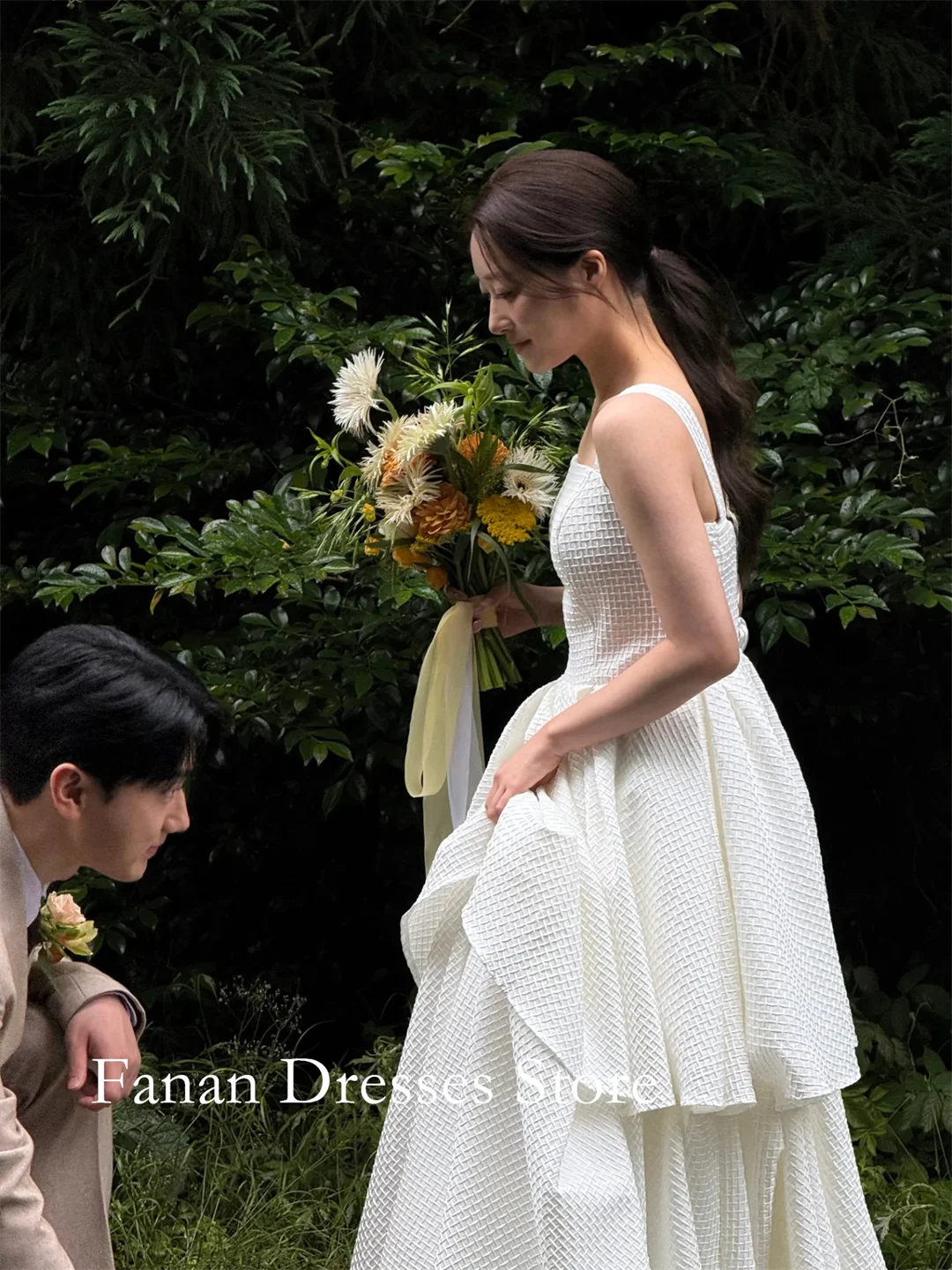 FANAN Corea A-Line palabra de longitud cuello cuadrado vestidos de novia de encaje ........... marfil personalizado vestidos de novia bonitos