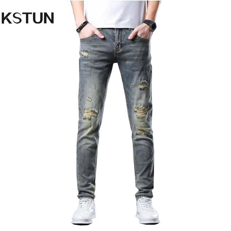 Skinny Jeans Men Hip Hop Distressed Jeans Ripped Stretch Men's Clothing Vintage Frayed High Street Top Quality Brand KSTUN 2024