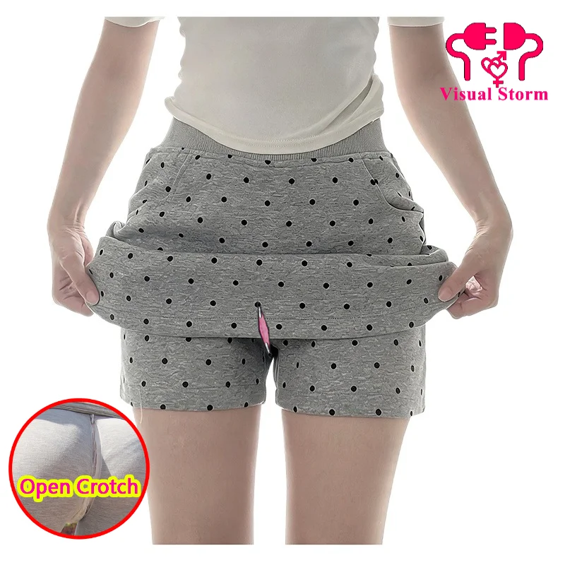 Women Open Cortch Sexy Fake Skirts Pants with Dot Decor Hidden Zipper Crotchless Dress Outdoor Exhibitionism Cloth Panties