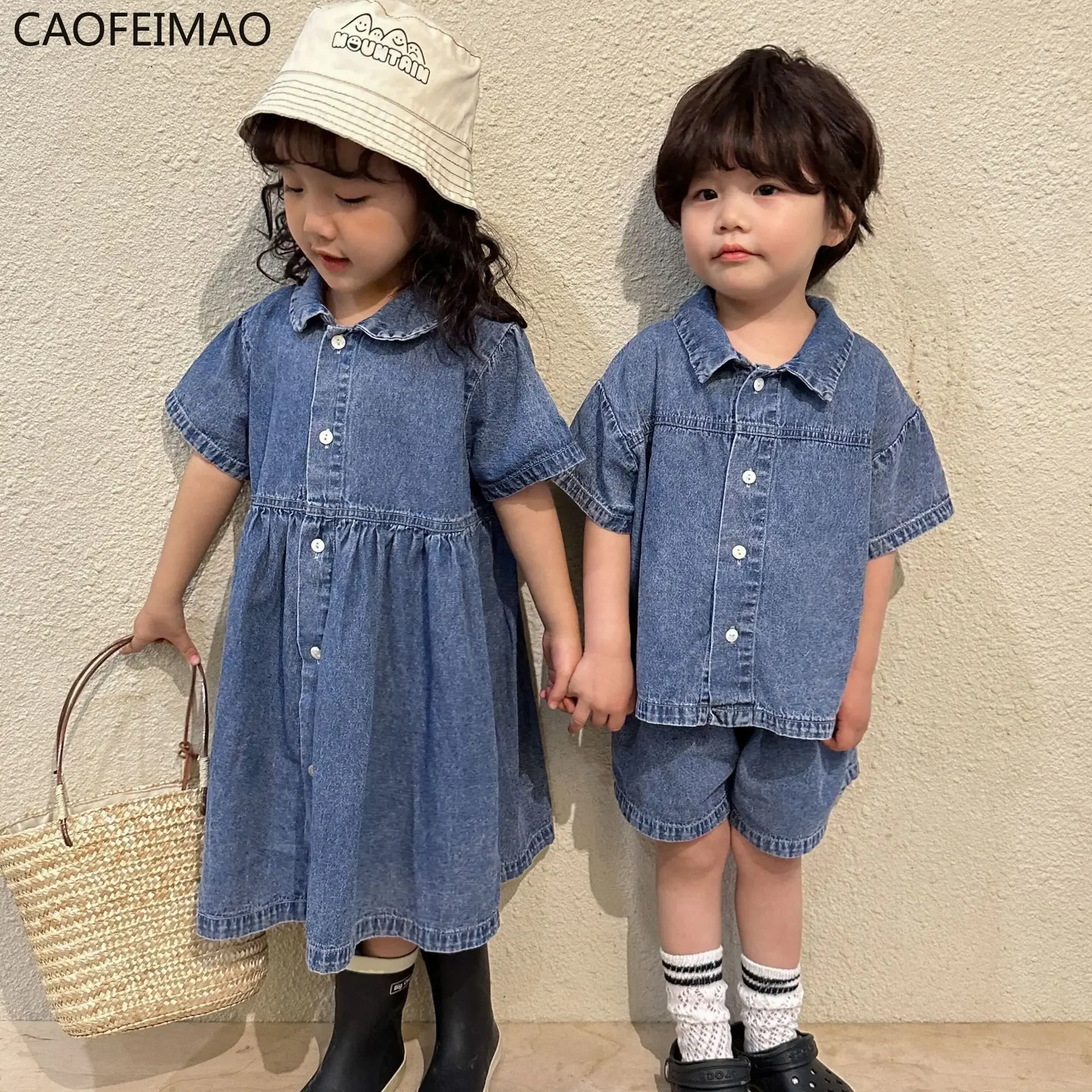 

2023 Summer children denim clothes set boys outfit girls short sleeve Single breasted dress Brother and sister costume