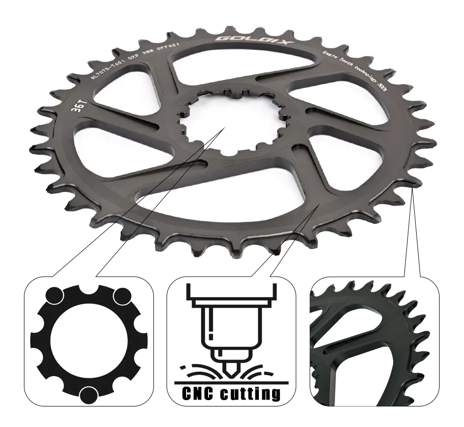 GOLDIX Ultraleichtes Fahrrad-Kettenblatt 0/3/6mm Offset Breite Schmale Zähne 30/32/34/36/38T für 3-Bolzen-Kurbelgarnitur MTB Einzelkurbel – Detail 3