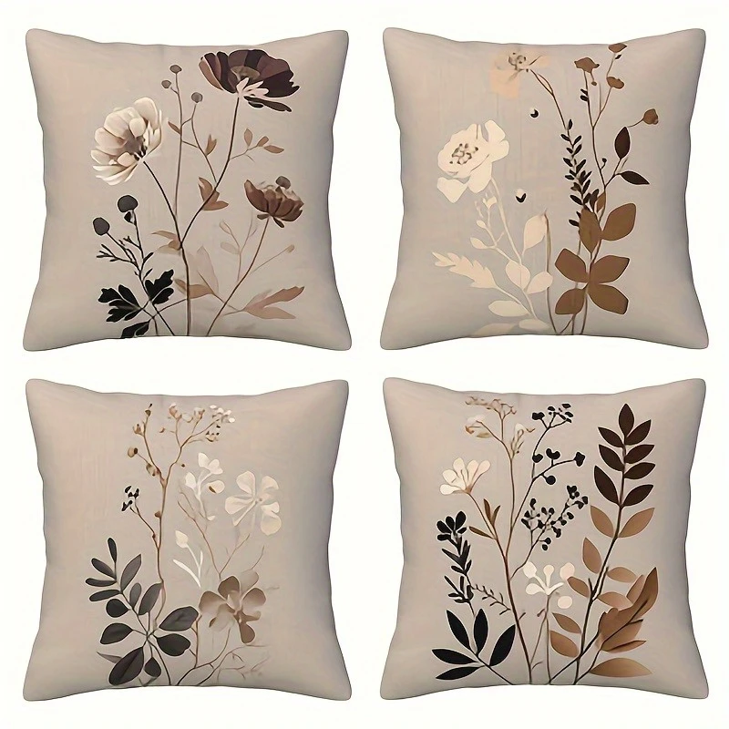 1PC 2D Flat Neutral Tone Boho Wild Floral Throw Pillow Covers Farmhouse Home Decor Non-real Embroidery, Machine Washable