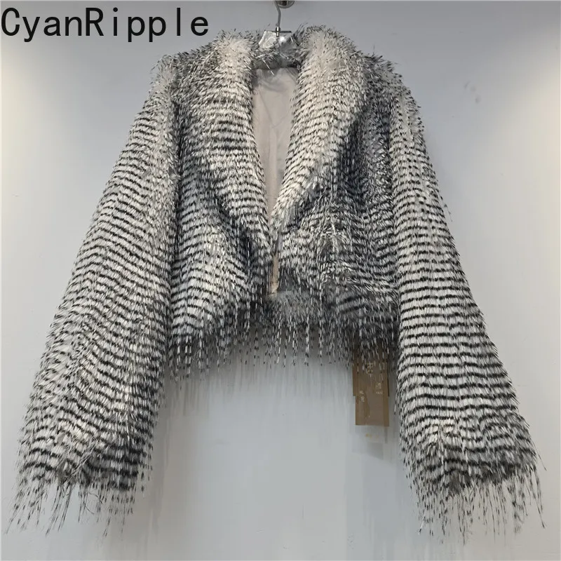 2026 New Winter Elegant Vintage Stripes Tassel Short Cardigans Coat All-match V-neck Full Sleeve Women's Faux Fur Jackets Coats