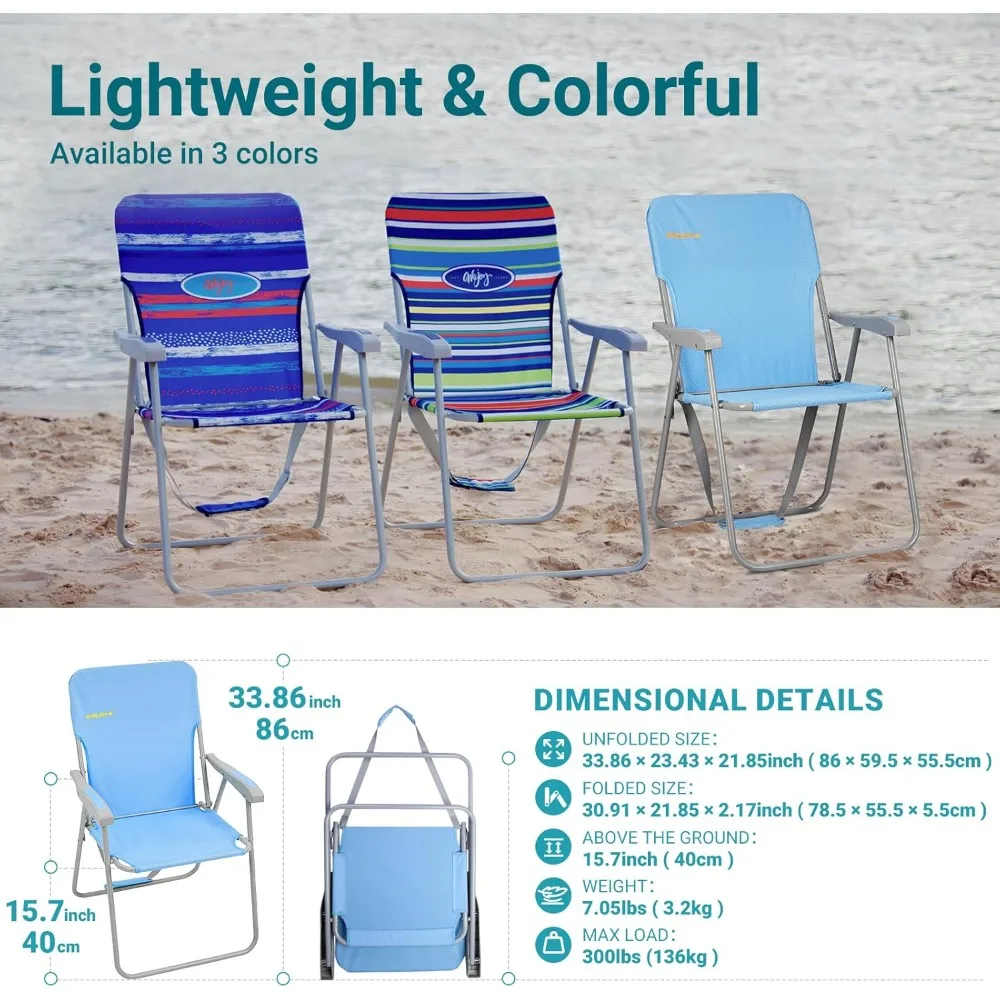 Folding Beach Chair for Adults, Lightweight Beach Chair with Shoulder Straps, High Back Beach Chairs with Hard Armrest