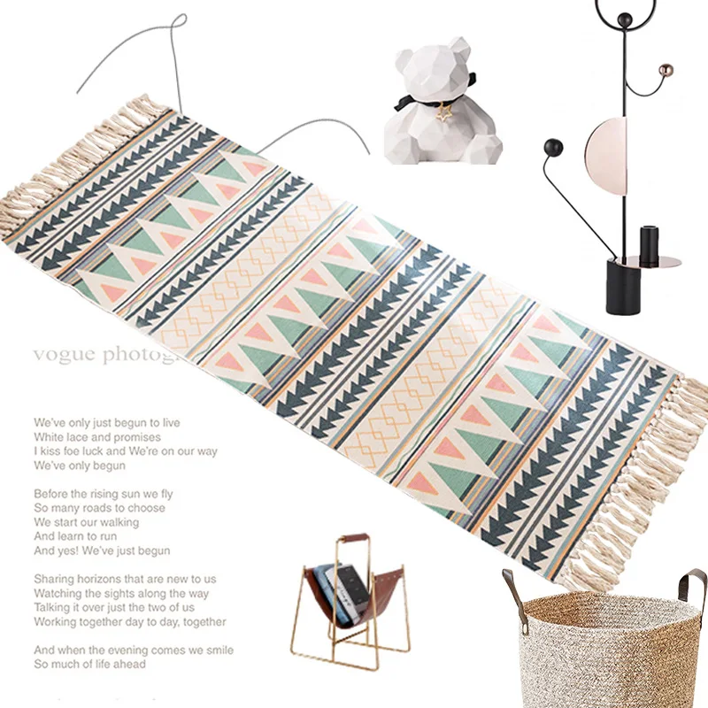 Cotton Linen Geometric Floor Rug Fringe Edges Machine Woven Multi Purpose Rectangular Mat Bedroom Bedside Living Room Entryway