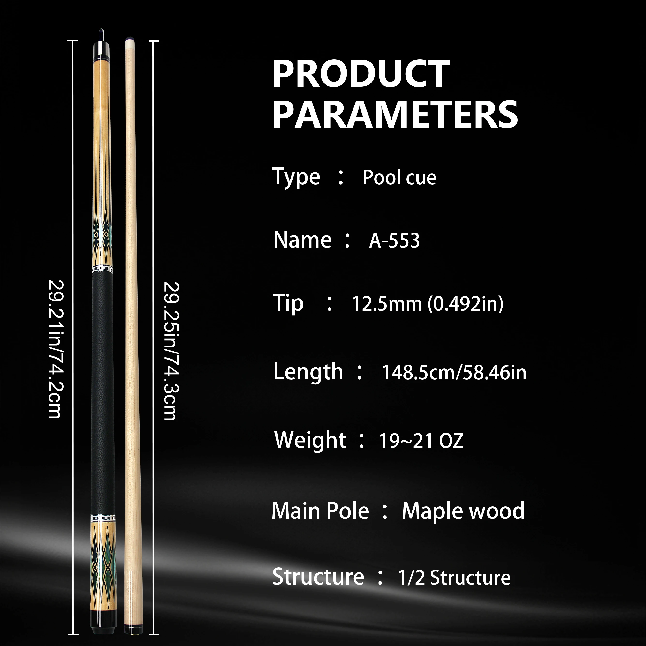 Professional Pool Cue Genuine Leather Grip 12.5mm Tip Stainless Steel Connector Maple Wood Durable Sturdy