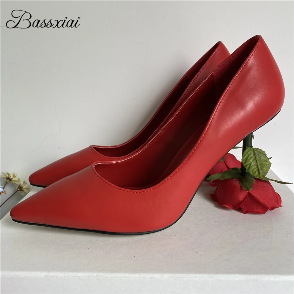 Individual Rose Flower Heel Women Pumps Genuine Leather Sexy Pointed Toe Slim Dress Shoes For Girls Spring Autumn