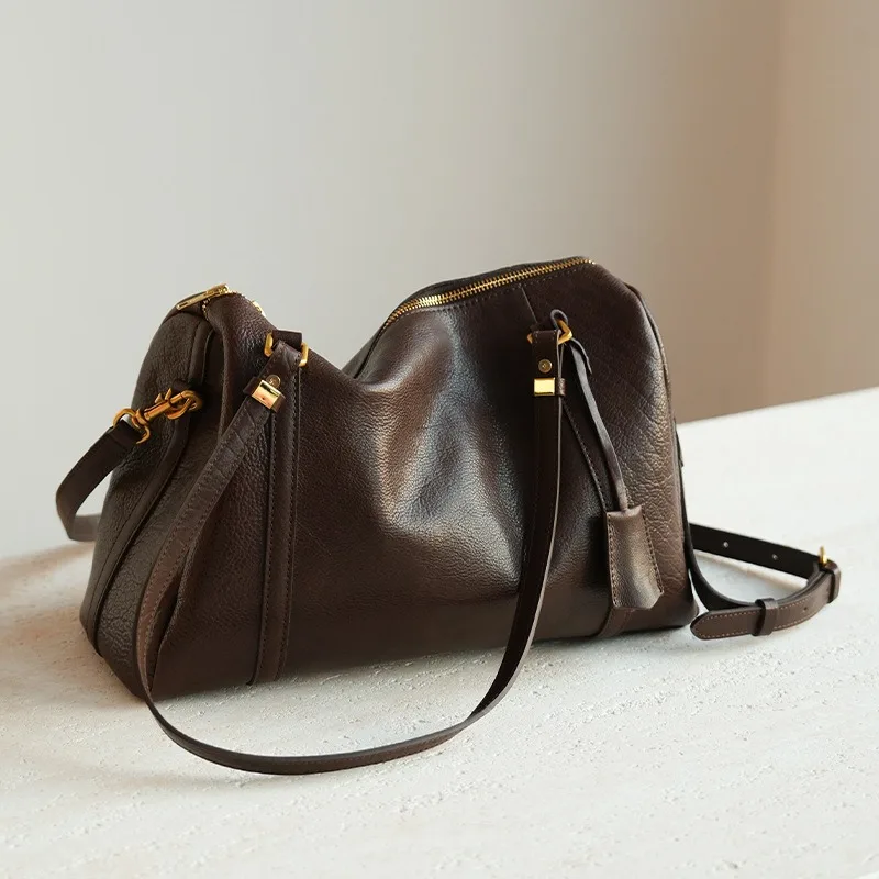 Vintage Elegant Work Shoulder Bag for Women Genuine Leather Full Grain Leather Convertible Crossbody Strap Spacious Luxury