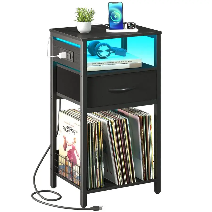 

Прикроватная тумбочка с зарядным устройством, светодиодная подсветка, 3-х уровневый небольшой столик для гостиной, прикроватная тумбочка с выдвижным ящиком, рекор.