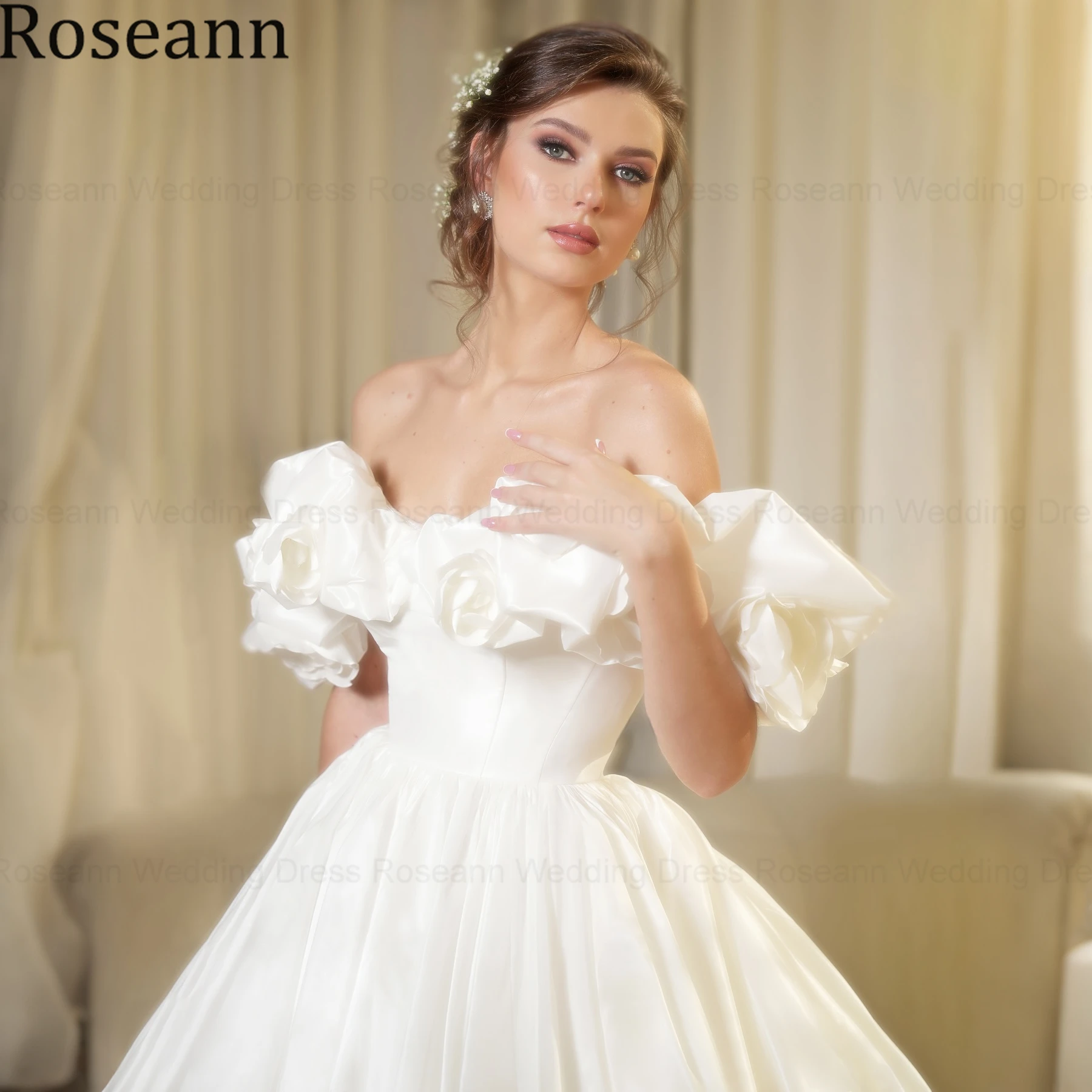 Roseann Wedding Dress Off Shoulder Sweetheart Satin amanda novias oficial 3D Floral Puff Sleeve Backless Bridal Gown Customized