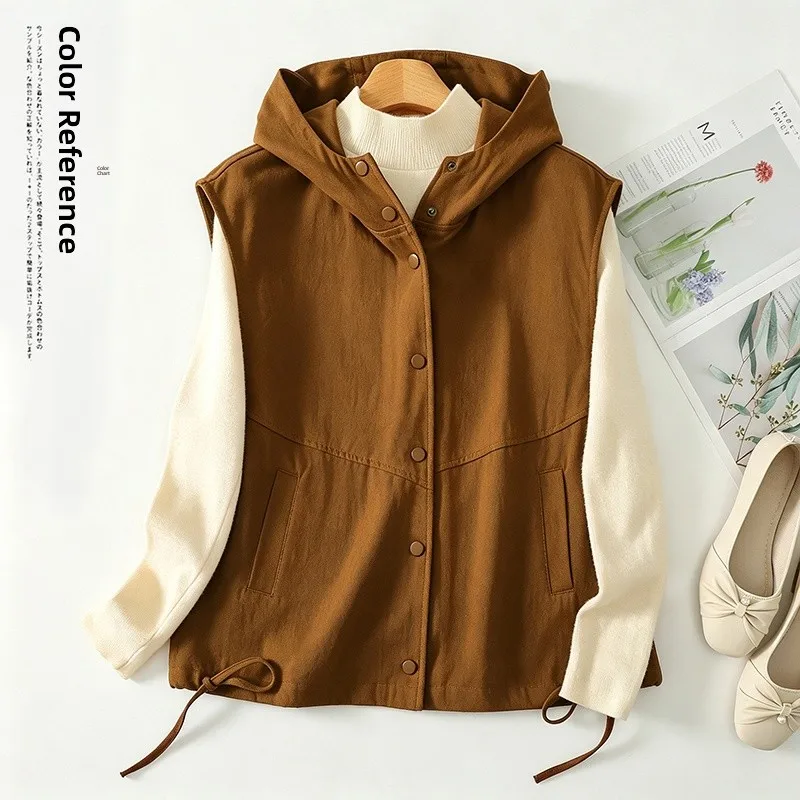 Women's Hooded Vest 2026 Autumn Loose Casual Retro Versatile Outerwear Drawstring Sleeveless Top Casual Chic Outer Layer