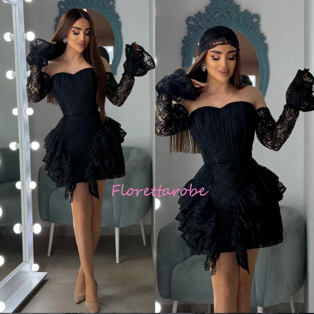 Customized Off Shoulder Blck Prom Dress Puff Sleeve vestidos de noche Sweeteather  Lace Applique Evening Dresses