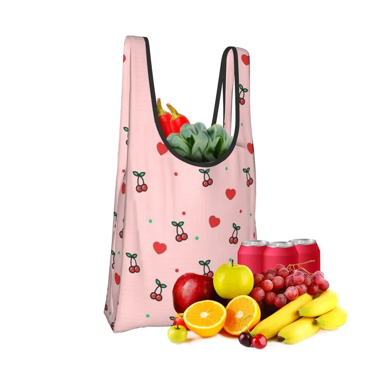 Cherry Heart Design Pattern With Pink Background Shopping Bag Portable Tote Bags Reusable Shoulder Shopper Bag Groceries Handbag