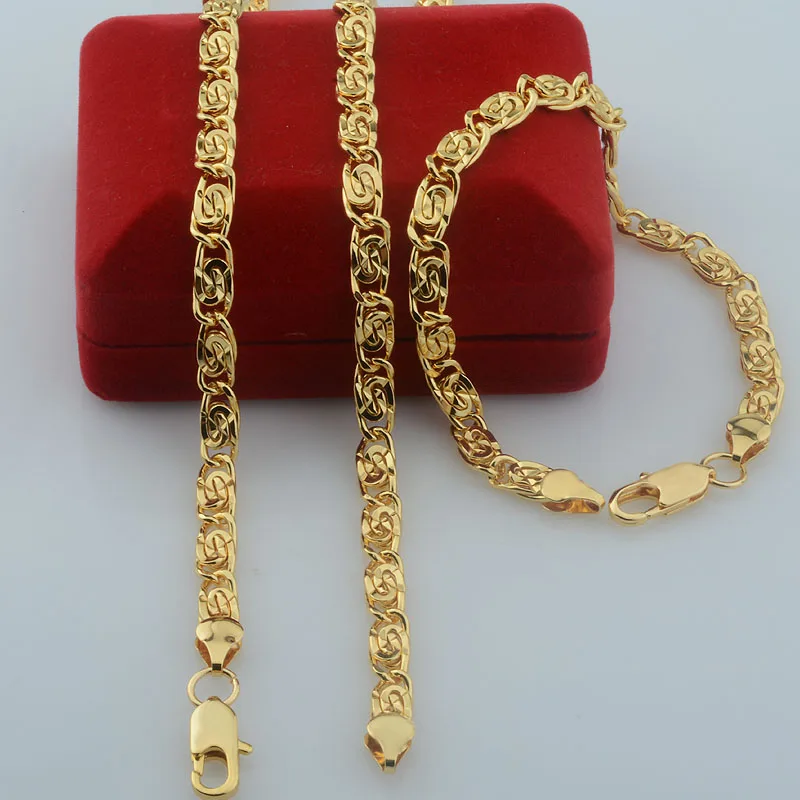 Mens Women Yellow Gold Color Curb Carving Necklace Link Bracelet Set Jewelry