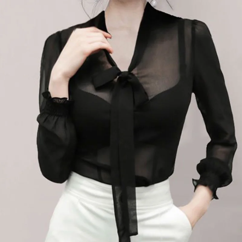 2024  New Summer Sexy High Waist Sweat Retro Korean Style Women's Shirt BOW Sexy Office Lady Lace V Neck Long Sleeve Y2K Tops