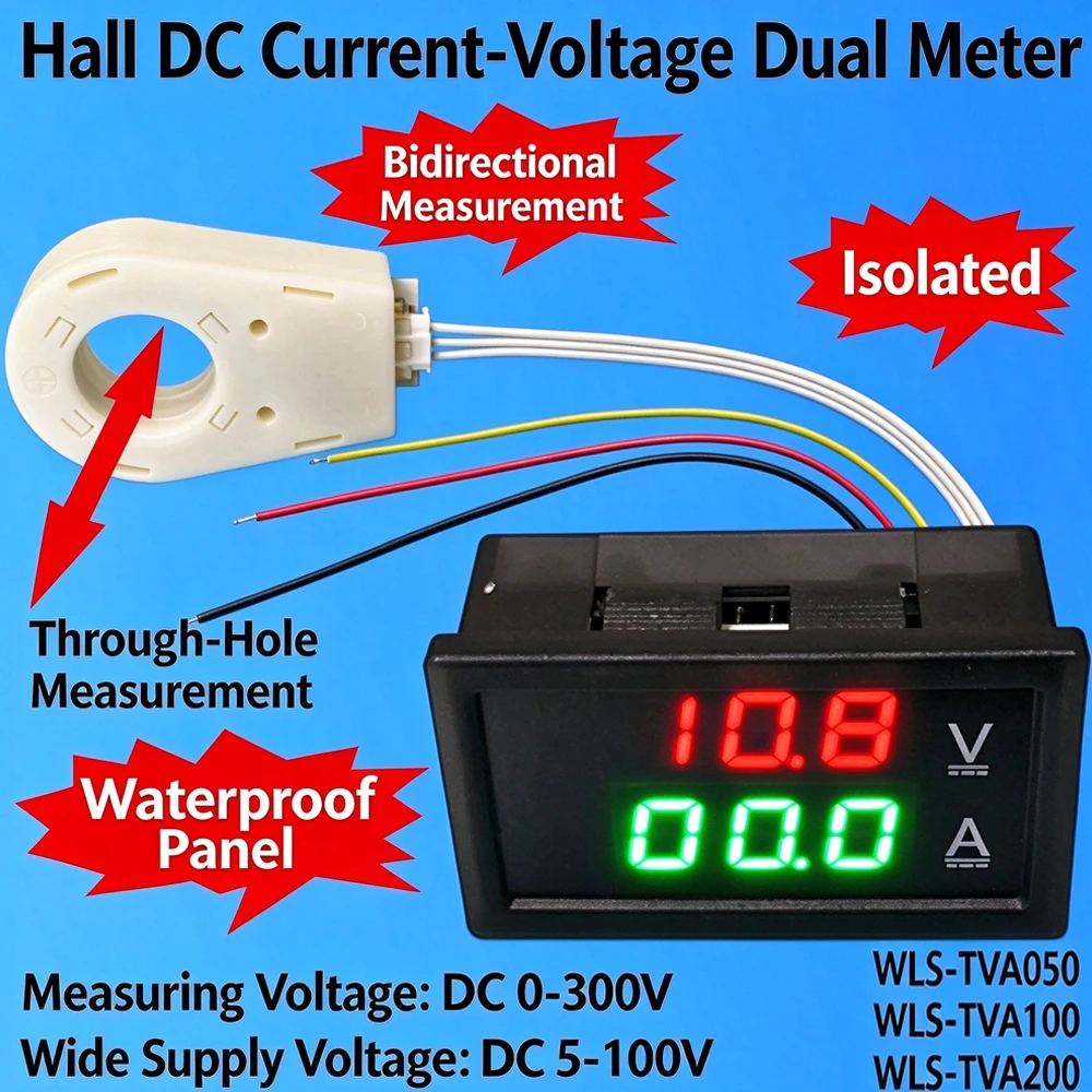 DC Voltage and Current Meter with Dual LED Display Isolated Panel Meter DC 5–100 V Bidirectional Current and Voltage Meter
