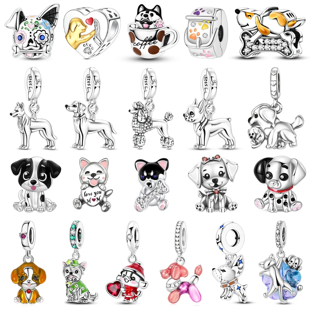 Hot Sale 925 Sterling Silver Dog Paw Print Fixed Clip & Shepherd Dog Dangle Charm Fits Bracelet Beloved Pet Pendant Gifts
