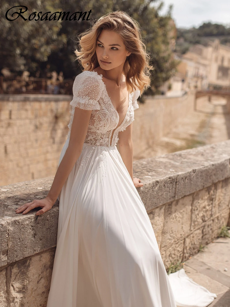 

Шифоновые Свадебные платья-трапеции с глубоким V-образным вырезом и коротким рукавом