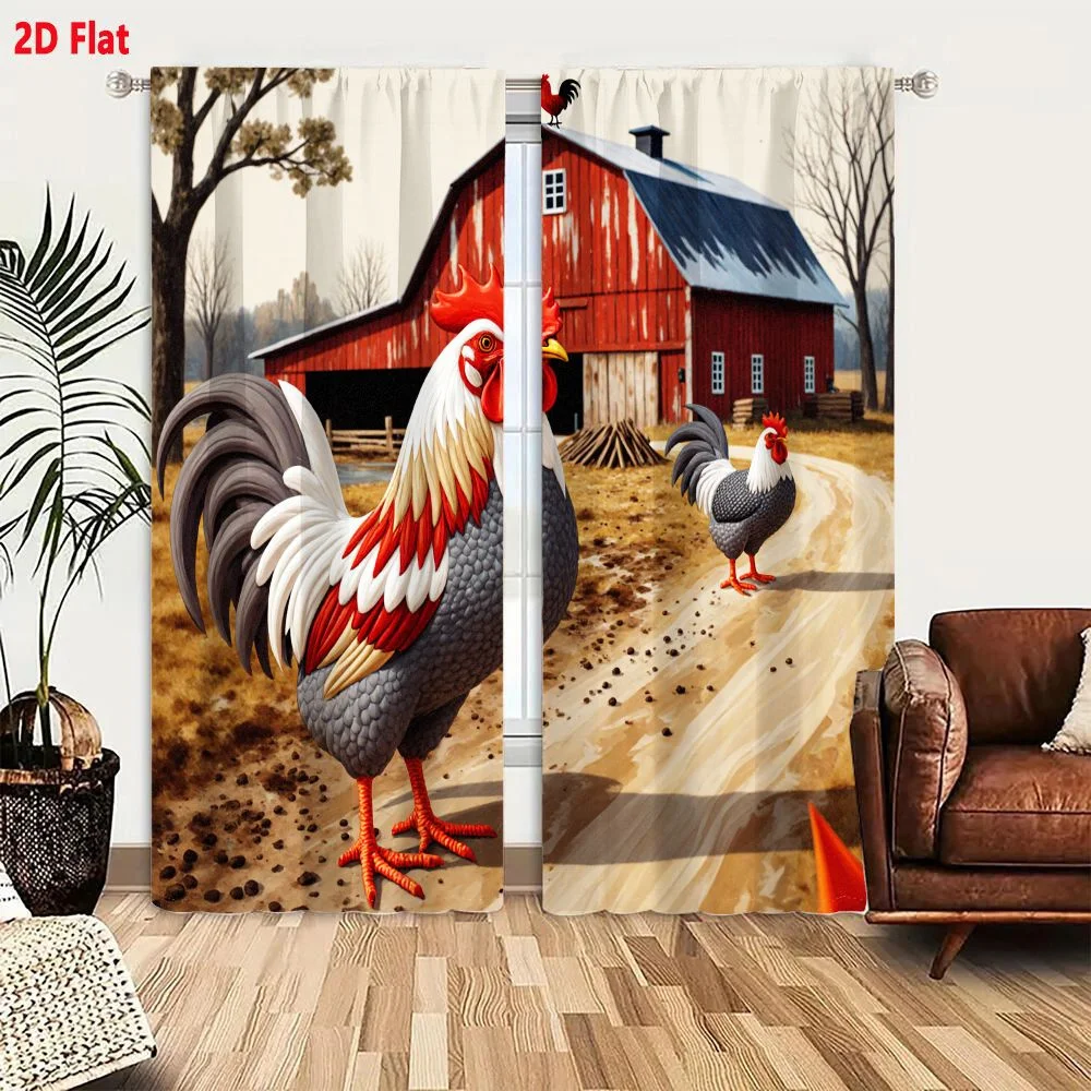 2Pcs Curtains 2D Flat Rustic Farm Scene With Red Barn Blue Metal Roof White Trim Stylized Roosters And Leafless Trees Wooden Fen