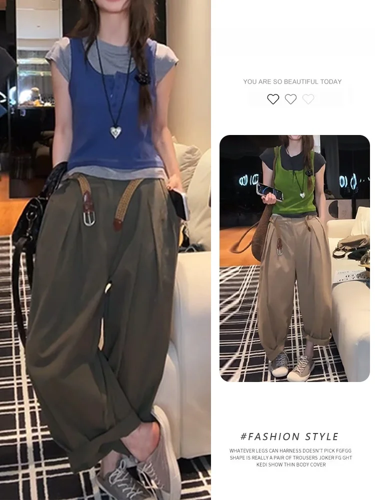 

Casual Style Fake Two-Piece T-Shirt And Wide Leg Pants Set Breathable Short Sleeve round Neck Design Summer Fashion Outfit