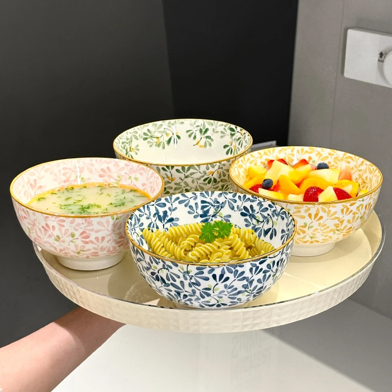 6-Inch Large Capacity Ceramic Bowl with Four Seasons Flower Patternfor Noodles Soup Salad Pasta，Microwave/Dishwasher Safe
