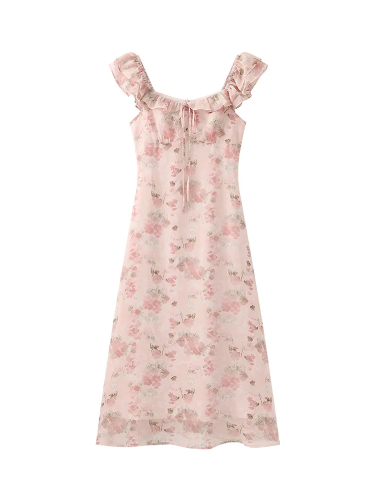Vintage Floral Chiffon Maxi Dress Women Sweet Ruffle Sleeve Square Neck Summer Long Dress Elegant High Waist Slim Fit Sundress