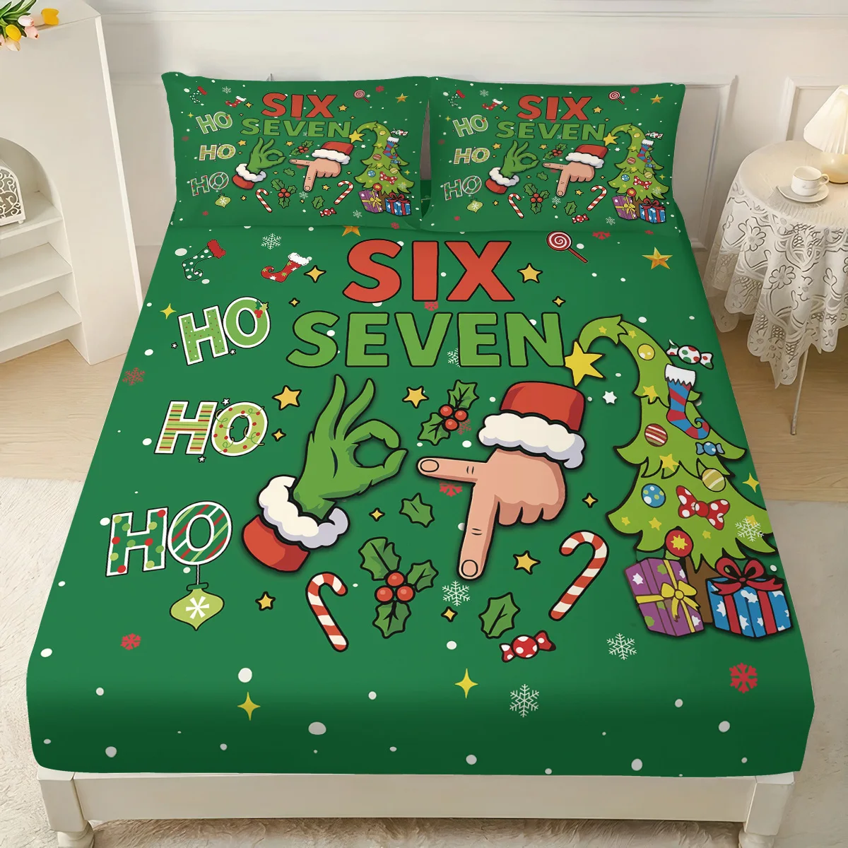 3pcs green Christmas tree 67 element printed coreless bedsheet set, multi size bed cover, bedroom bedding, holiday decorations