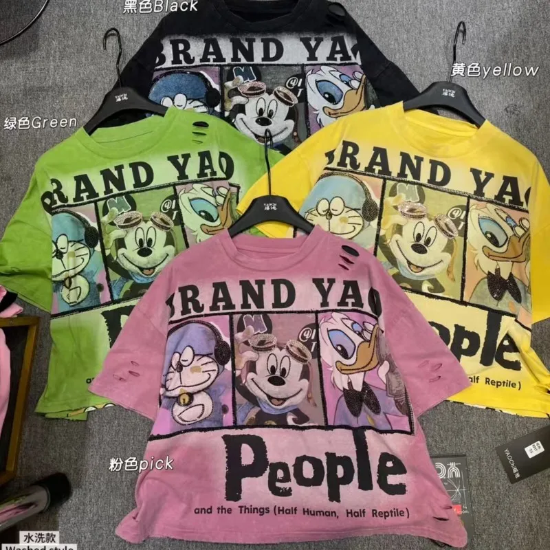 

2025 New Spring Summer All-match Short Sleeve T-shirt Hole Cartoon Printed Round Neck Pullover Top Casual Women Cotton T Shirts