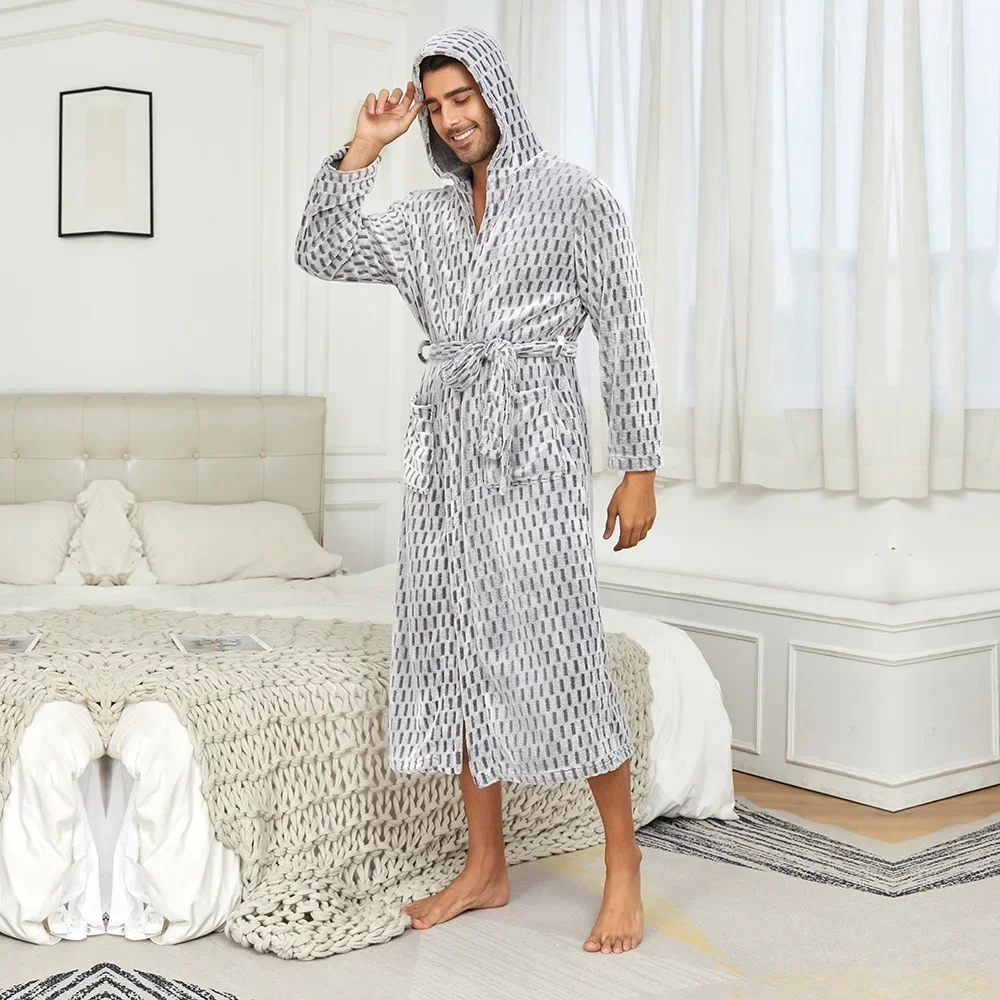 

Утолщенный теплый халат в клетку, мужская ночная рубашка с капюшоном на шнуровке, осенне-зимняя одежда для сна, мужской свободный повседневный халат с капюшоном, ночная рубашка