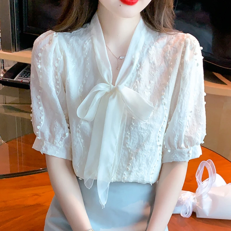 Chiffon Blouses and Tops Fashion Elegantes Women Clothing Office Ladies Puff Sleeve Pullover Solid Female Short Sleeve Shirt Bow