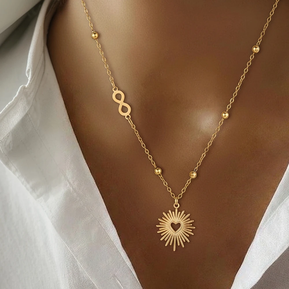 DOTIFI New Stainless Steel Hollow Heart Pendant Necklace For Women Simple Figure-8 Pendant Beaded Chain Necklace Fashion Jewelry