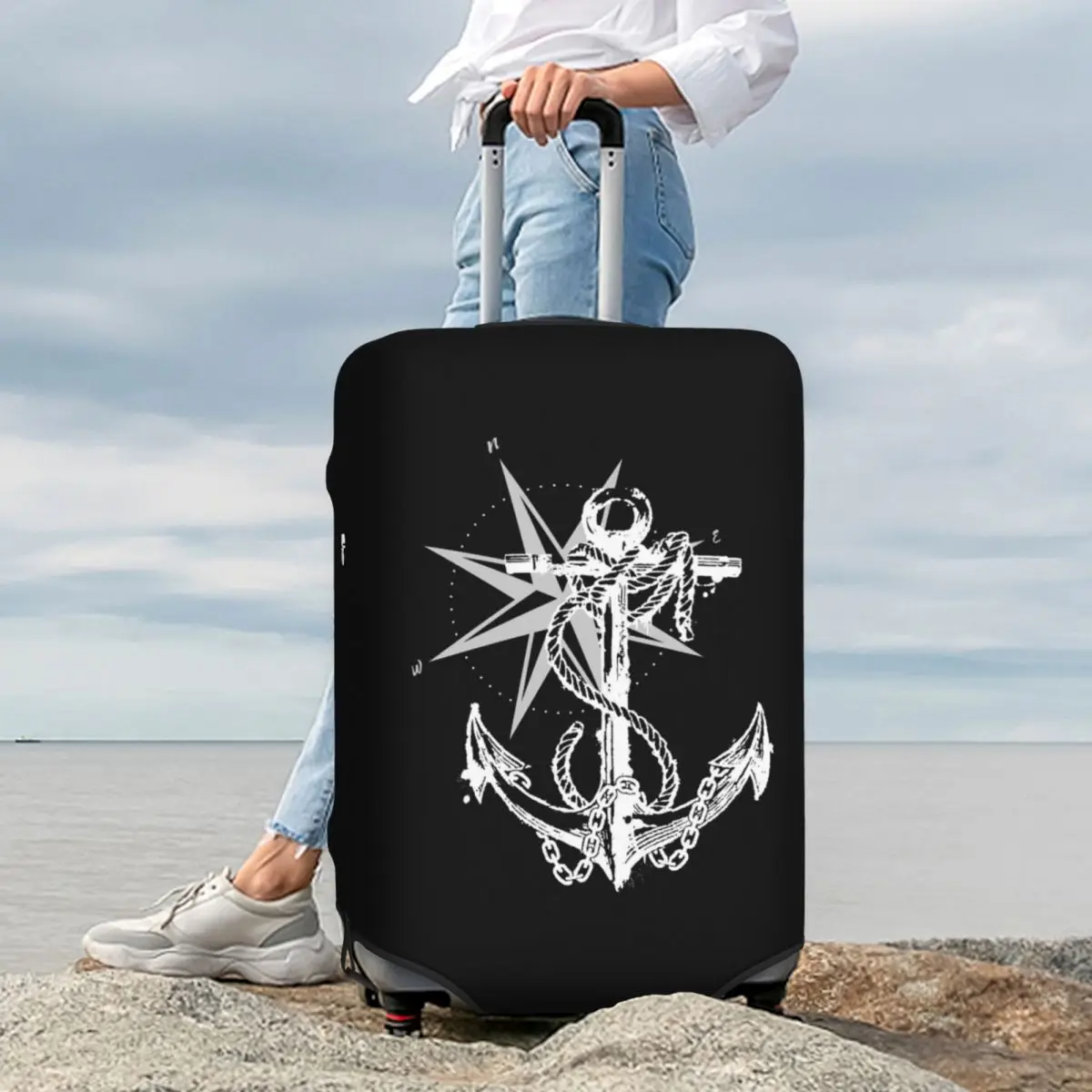 

Nautical Compass Captain Anchor Boat Suitcase Cover Protection Elastic Travel Luggage Protector Covers for 18-32 Inch