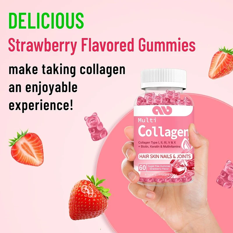 Sugar free collagen gummies, suitable for hair, skin, nails, muscles, and joints, immune system -60 capsules