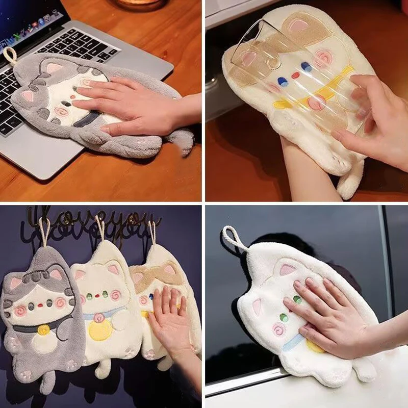Cartoon Cat Hand Towel Kawaii Hand Wipe Cleaning Cloth For Kitchen Bathroom Hanging Towel Super Absorbent Handkerchief Clean Rag