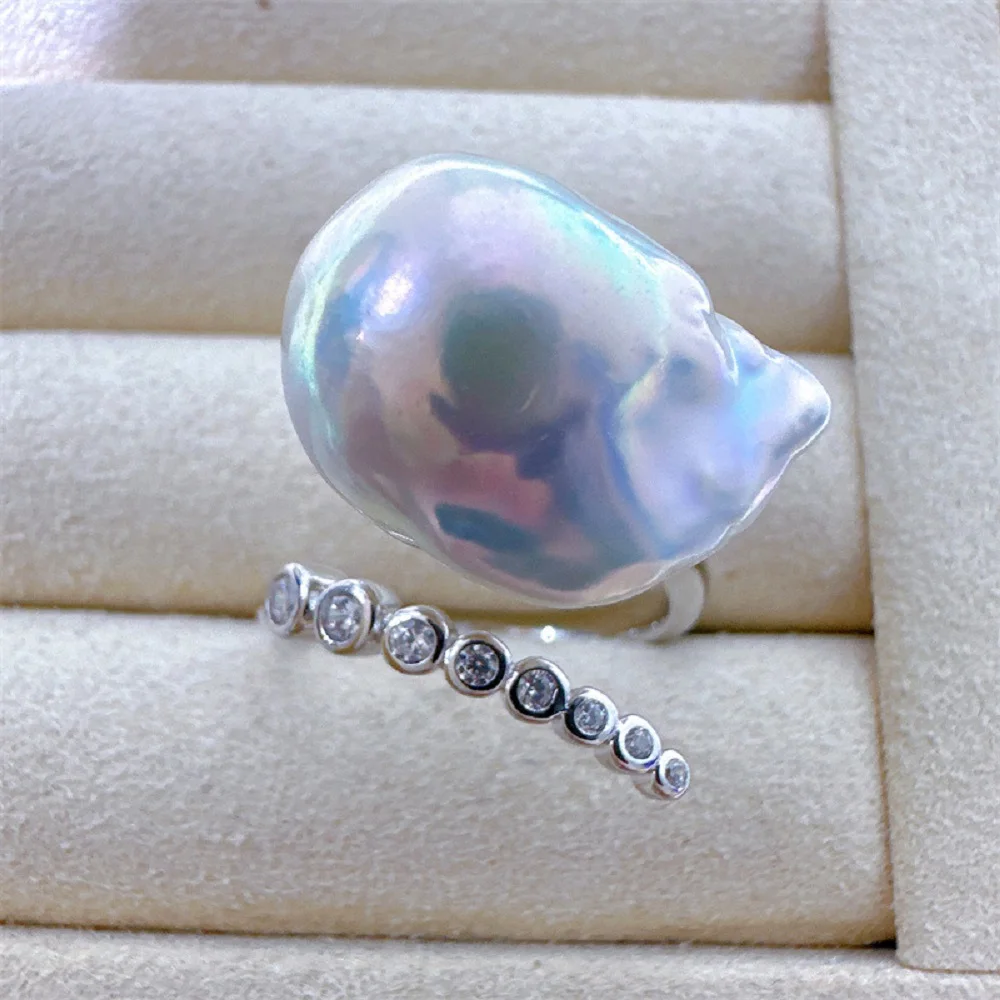 

Irregular AAAA13-15mm Natural Baroque Pearl Ring S925 Silver Adjustable Loop Ring