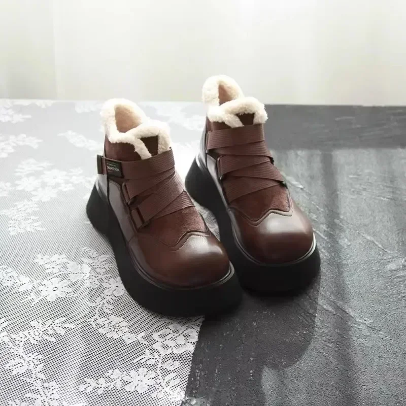 

2024 Winter Women Ankle Boots PU Thick Sole Plush Warm Winter Woman Shoes Flats Lace Up LadiesLolita Shoes Outdoor Daily Commute