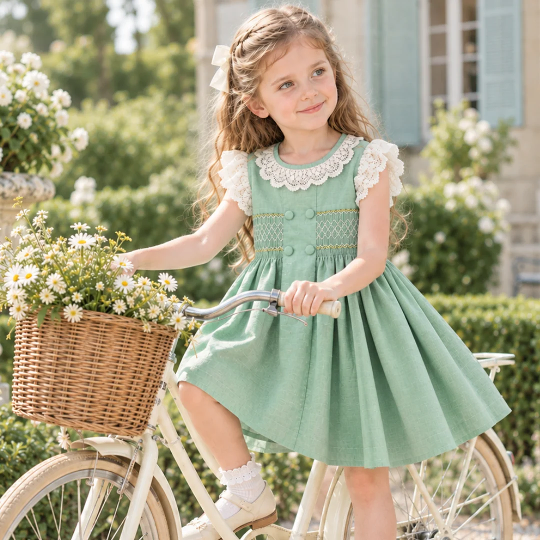 Hand Smocked Mint Green Dress 1-6 Years Sleeveless Lace Baby Girls Summer Lux Party Daily Dress Kids Boutique Suit