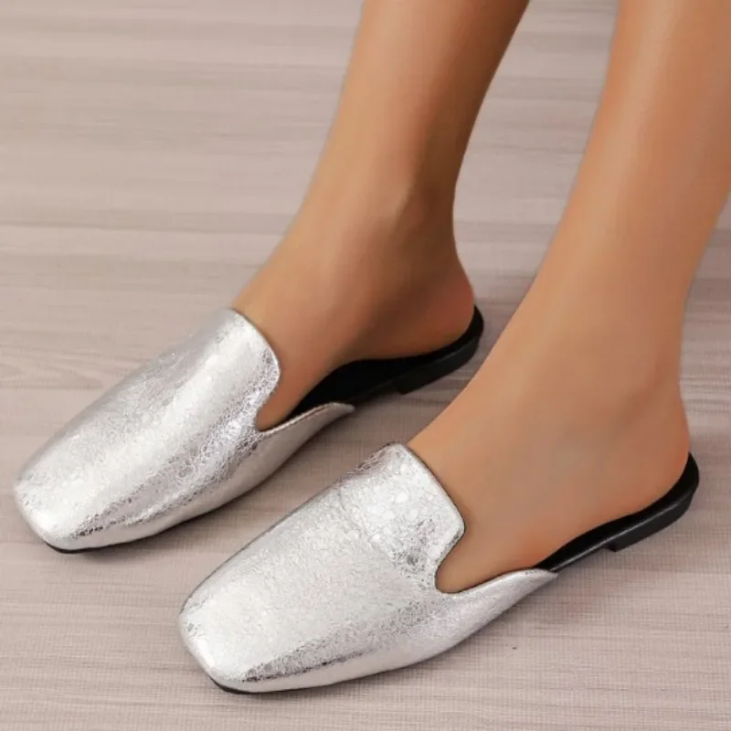 Summer Flat Shoes Women\'s Closed Toe Slippers New Square Toe Light Slip on Mules for Women Outdoor Ladies Causal Slides Shoes