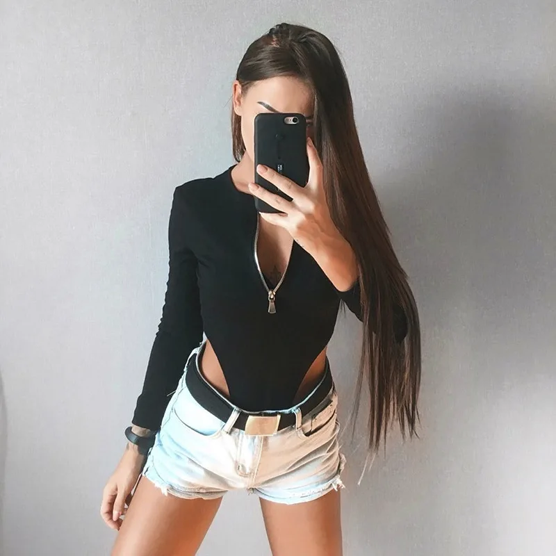 Zippers Gloves Sexy Slim Bodysuits Women Y2K V-neck Long Sleeve Tops Tees Autumn Winter Kpop Cheap Clothes Woman Tshirt Bodysuit view 4