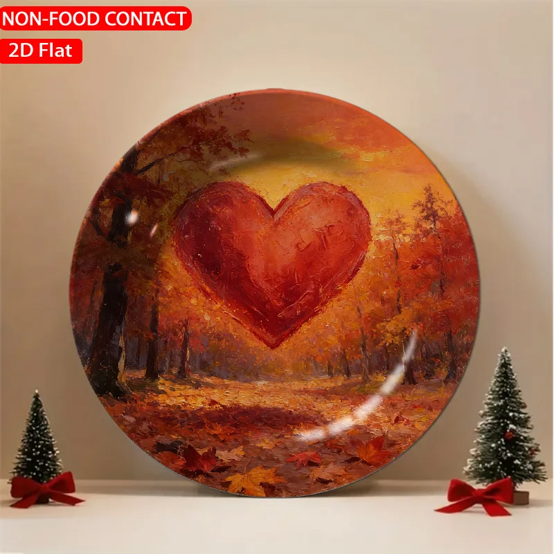 1pc Rustic Heart Autumn Forest Red Ceramic Plate Non-food Contact, Home Desk Ornaments, Living Room and Bedroom Decorations,