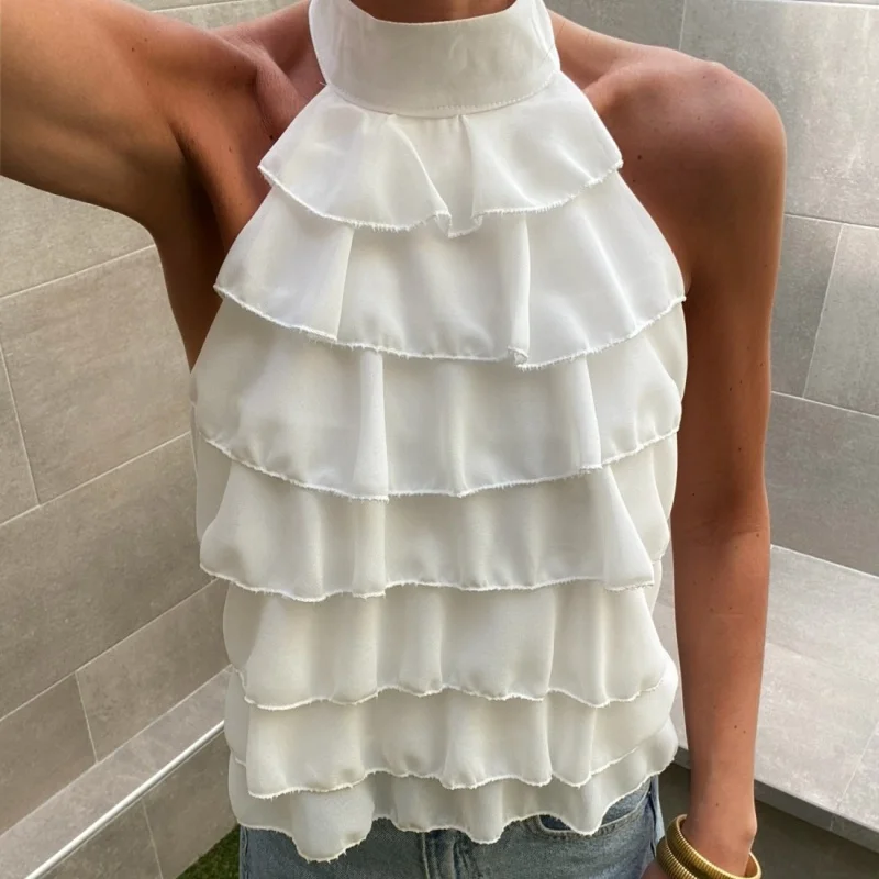 Women Summer Turtleneck Layered Ruffles Tie up Backless Halter Tank Tops Sleeveless Chiffon Going Out Tank Tops Y2k Streetwear