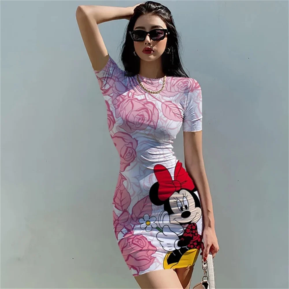 Vestido ajustado de manga corta con cuello redondo para mujer, vestidos ajustados de Disney, Minnie, Mickey Mouse, estampado 3D, bolso sexy a la cadera, verano