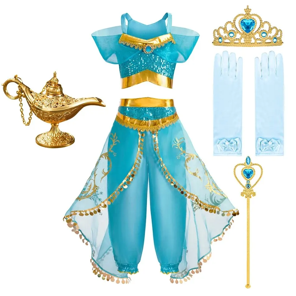 Kids Arabian Princess Dress Girls Halloween Jasmine Costume Children Carnival Cosplay Party Disguise Girl Sequins Pageant Outfit