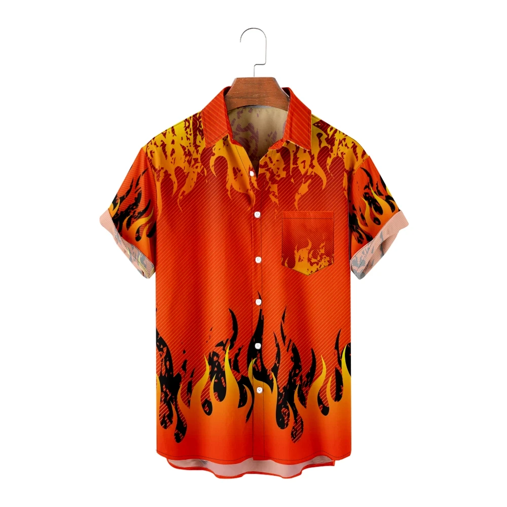 Hawaiian Shirts for Men Orange Print Fire Pattern Short Sleeve Summer Beach Vacation Shirt