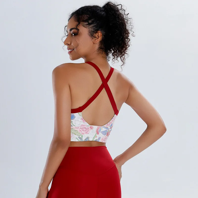 National Style Printed Beautiful Back Sports Underwear Women's Fixed Chest Pad Yoga Bra Shockproof Running Top Training Bra