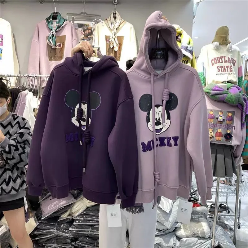 

Fleece-lined and thickened Mickey-patterned long-sleeved hooded sweater for women, new style, cartoon, sweet and cute top