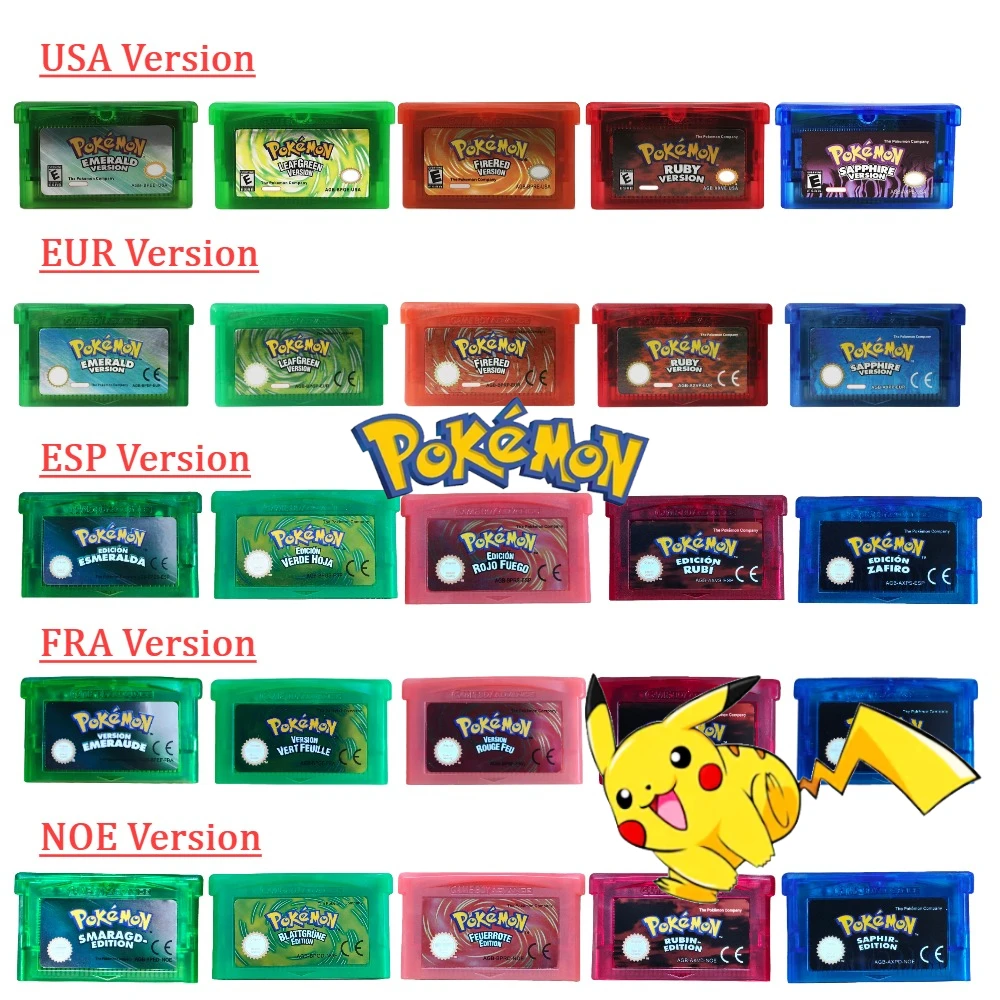

Многоязычная игра GBA, серия Pokemon, 32-битный картридж для видеоигр, консольная карта, Pokemon Emerald Fire Red LeafGreen Ruby Sapphire