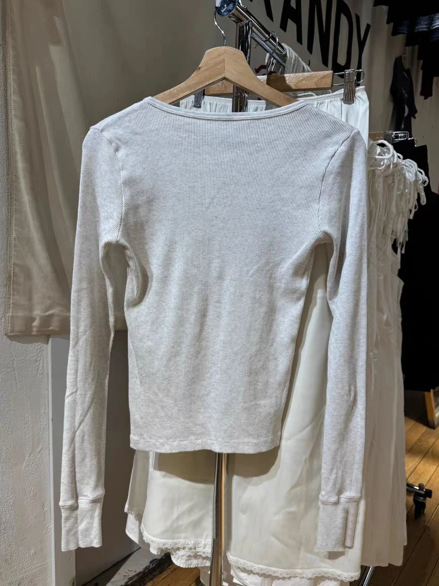 Buttons Ribbed Slim Long Sleeve T-shirts Women Autumn O-Neck Cotton Tees Tops Female Solid Simple Basic Tshirts Top Y2k Clothes