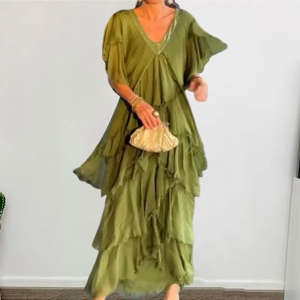 

Summer Women Evening Dress Stunning Sequin Patchwork Maxi Dress Elegant V-neck Ripped Scattered Layers Short Sleeves for Summer